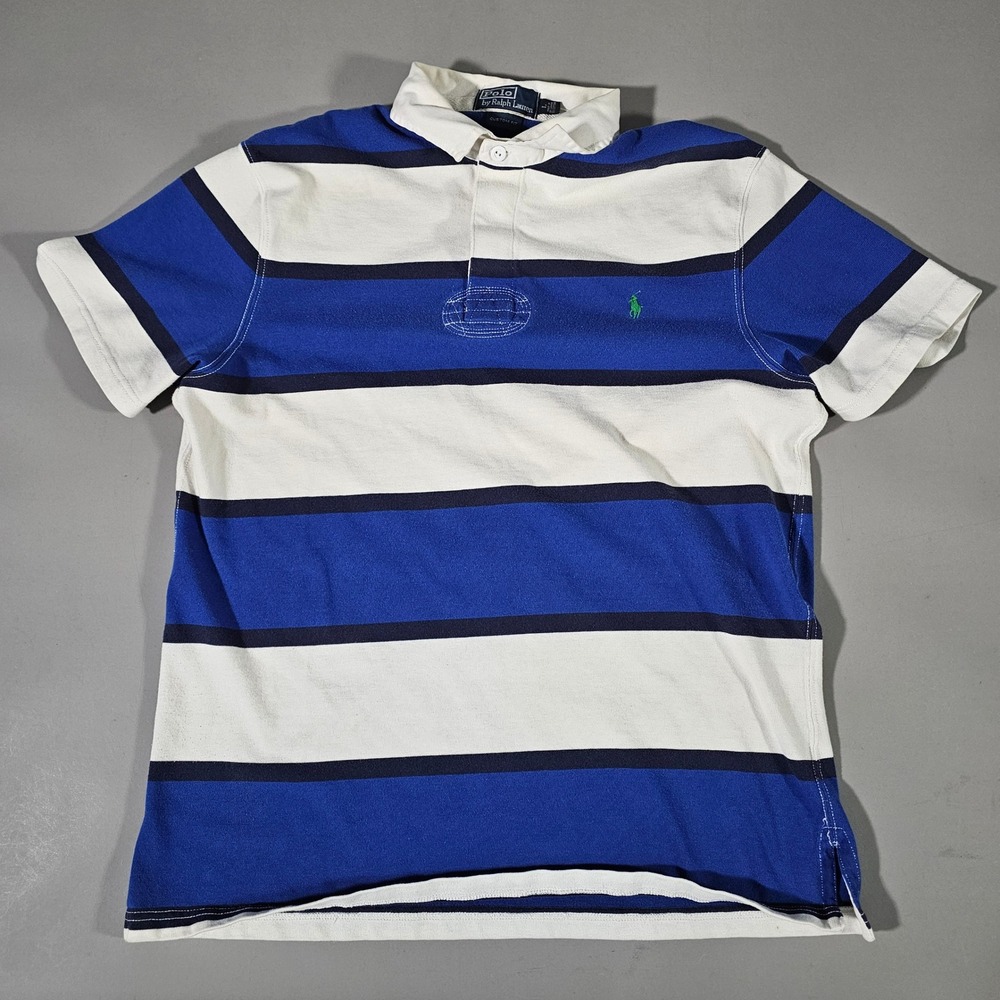 Polo Ralph Lauren Rugby Shirt Mens L Blue White Striped Short Sleeve Custom Fit